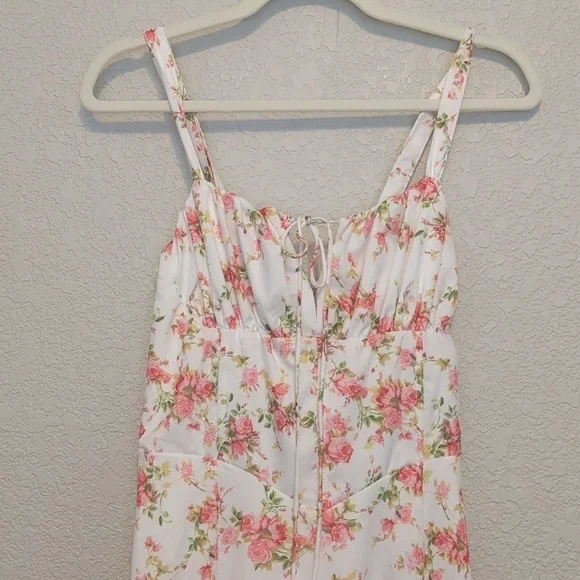 Parthea white pink floral sleeveless basque waist lace up thigh slit maxi dress - Picture 10 of 14